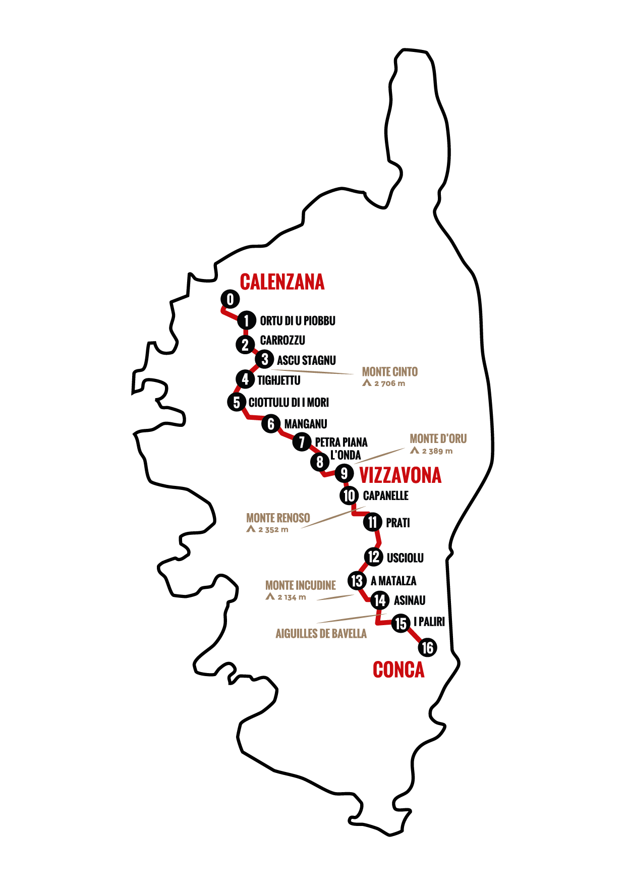 Carte du GR20 en Corse - Tracé de Calenzana à Conca avec le Refuge de Matalza étape 13